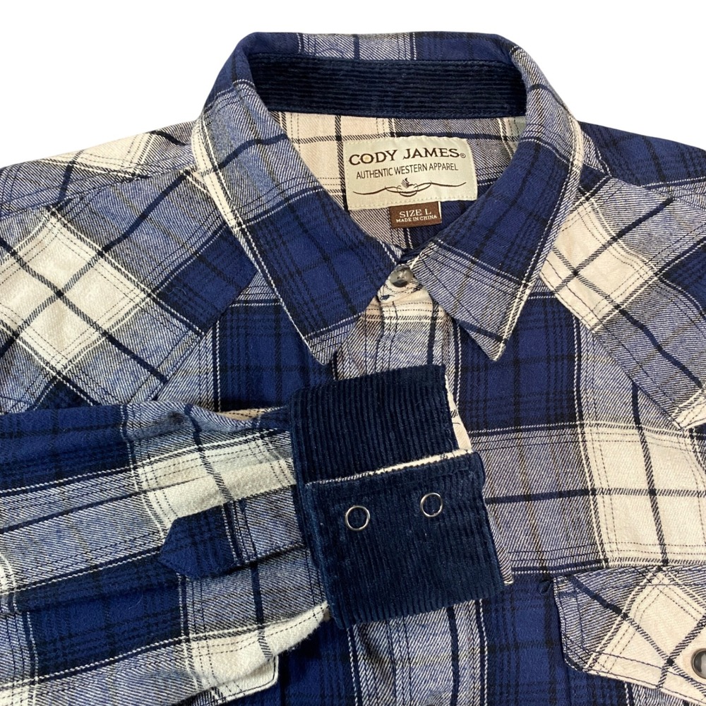 Cody James Mens Blue Plaid Flannel Western Snap Button Shirt Corduroy Trim Large